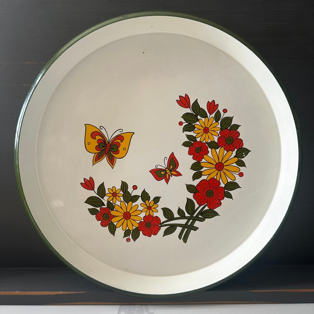 Vintage 70s Metal Serving Tray Round Floral Butterfly Avocado Green 13 Inch
